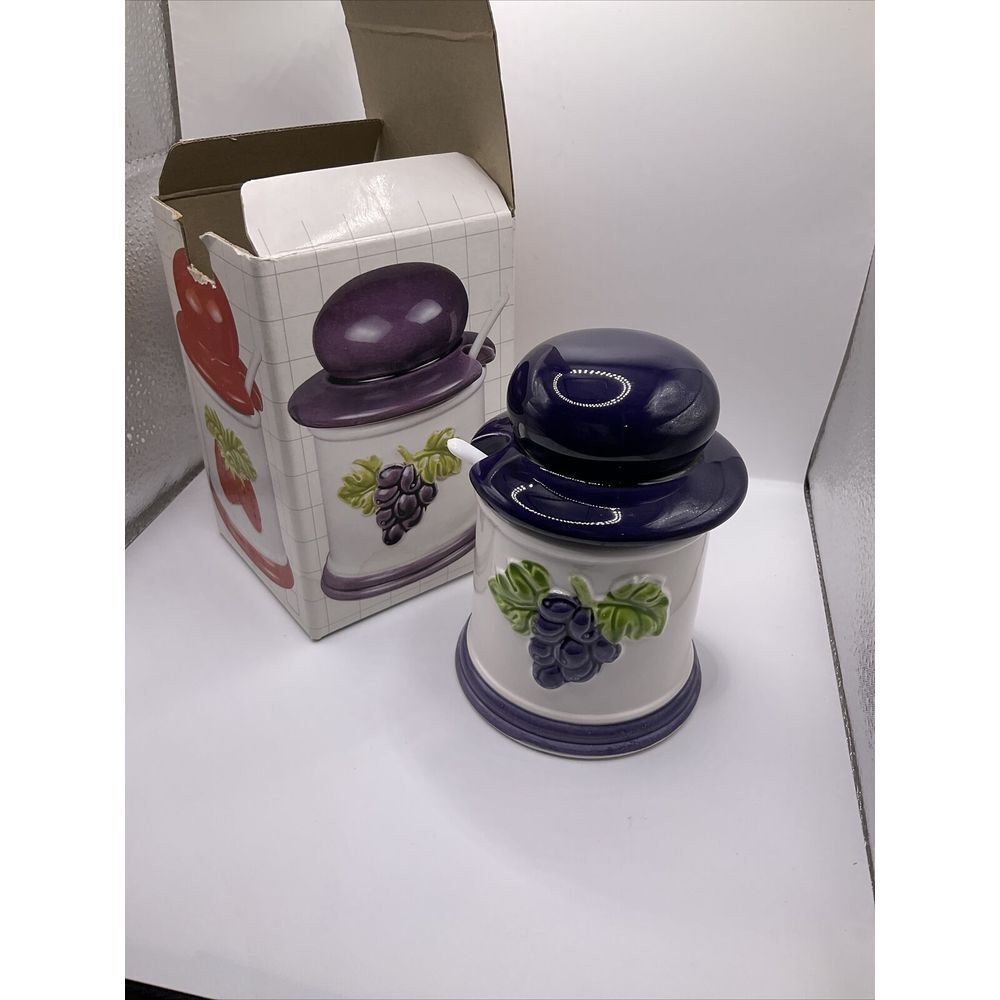 Vintage  Earthenware Grapes Ceramic Jam Jar‎ Canister Japan lid & spoon W/ Box